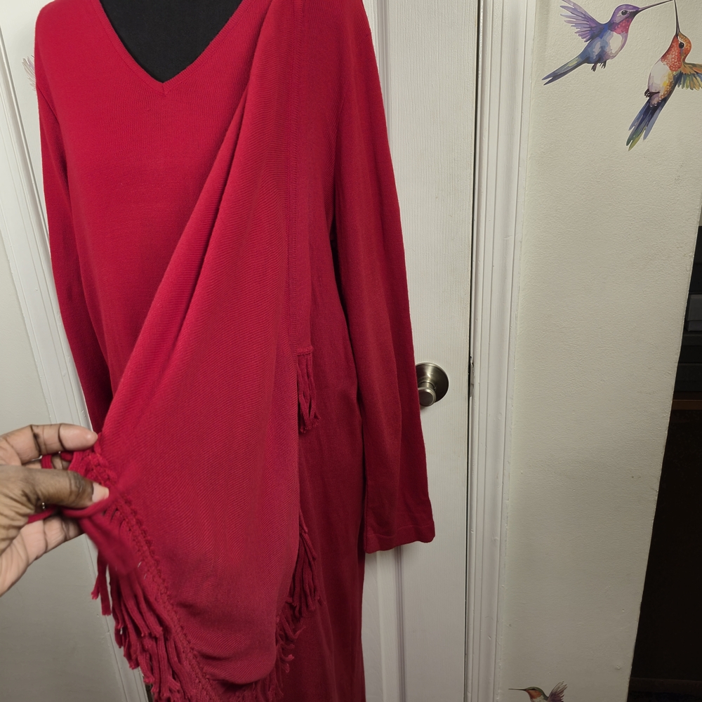 Tribeca Studio Plus Size 1XLWP Red Fringe Maxi Sweater Dress Boho Knit V-Neck - Picture 3 of 6